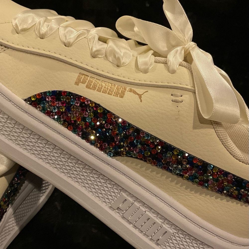 PUMA Smash V3 Platform Sneakers Size 8 & Rainbow SWAROVSKI stones Ribbon Ties - Picture 5 of 11
